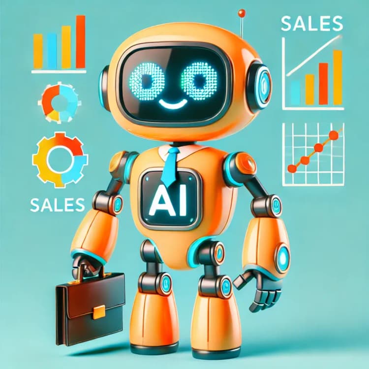 AI-powered robot optimizing sales automation with data charts.