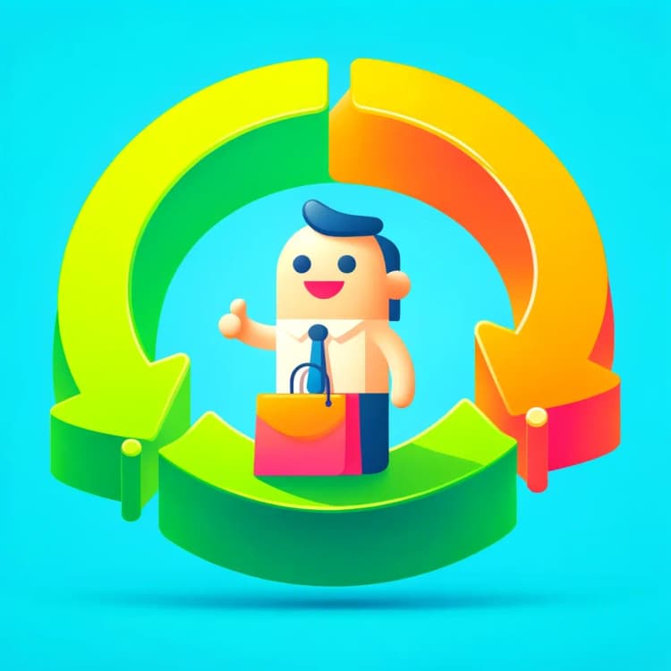 A smiling business figure inside a colorful circular cycle, symbolizing the continuous customer marketing lifecycle.